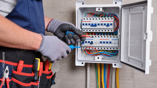 electrician at work, Box mounts on wall, Electrician works on panel, Gloves protect the hands, Safe work practice, Power is managed, System is checked