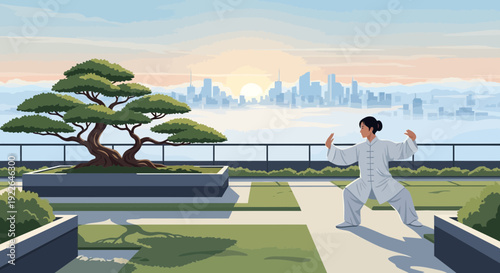 Woman practicing Tai Chi outdoors in a serene setting.