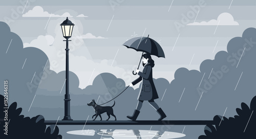 Woman walking dog with umbrella in rain.