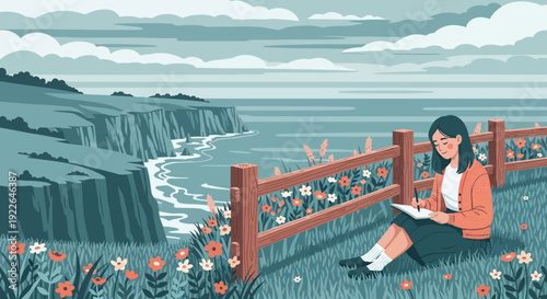 Woman writing in a notebook outdoors enjoying nature and creativity.