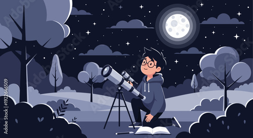 Young boy observing the night sky with a telescope engaged in astronomy.