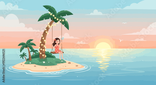 Young girl on a swing attached to a palm tree on a small island.