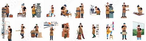 Coffee Production Process: Men and Women Experts Roasting, Grinding, and Quality Checking Coffee Beans for a Rich Aroma and Flavor Experience.