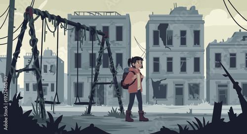 Young girl with backpack walking through a desolate urban landscape.