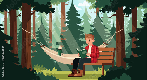 Young man engrossed in reading a book while sitting on a wooden bench.