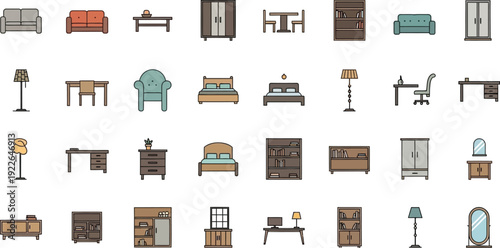 Furniture Assortment: A diverse array of essential furnishings, including sofas, tables, chairs, and beds, are neatly arranged, presenting an extensive selection for interior design purposes.