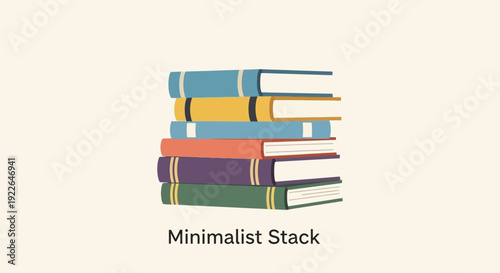 A minimalist illustration of a neatly stacked pile of six colorful books on a light background.