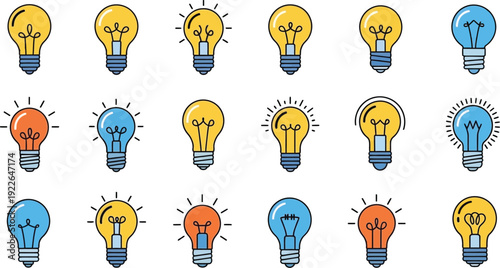 Illuminating Ideas: A collection of various glowing light bulbs representing innovation, creativity, and the sparking of new concepts. 