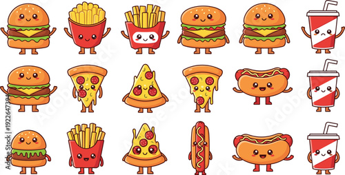 Cute Kawaii Fast Food Cartoon Collection with Burger, Fries, Pizza, Hot Dog and Soda Characters Isolated on White Background