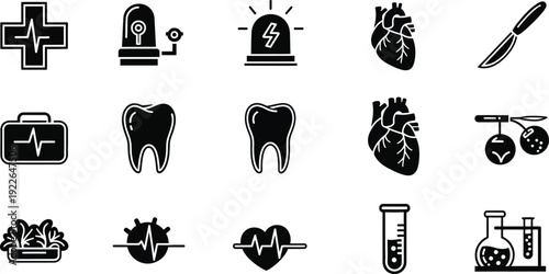 Healthcare Icons Compilation: A collection of health and medical icons, encompassing various symbols of the medical field. The icons convey themes of healthcare.