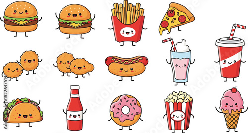 Cute Kawaii Fast Food and Snacks Cartoon Collection with Burger, Fries, Pizza, Donut and Soda Characters Isolated on White Background