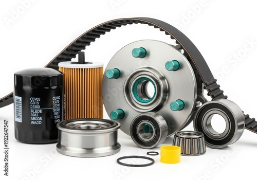 Assorted car parts including oil filter, timing belt, and bearing components