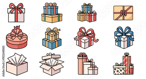 A collection of colorful cartoon gift boxes and presents with bows, along with open boxes containing tissue paper, on a white background.