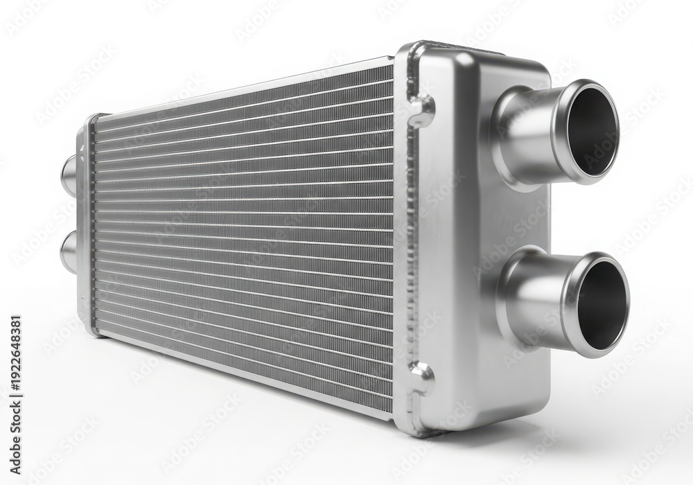 Fototapeta premium Close-up view of a metallic radiator with intricate fin design and two inlet outlets