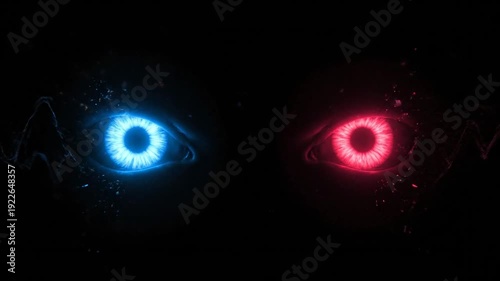 Close up of glowing blue and red eyes in darkness.