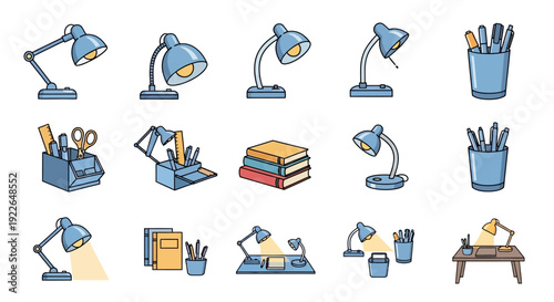 Collection of cartoon icons featuring various desk lamps, pen holders, books, and office supplies for study and work.