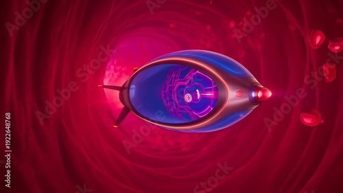 Futuristic spacecraft navigating through a red swirling vortex with glowing red lights