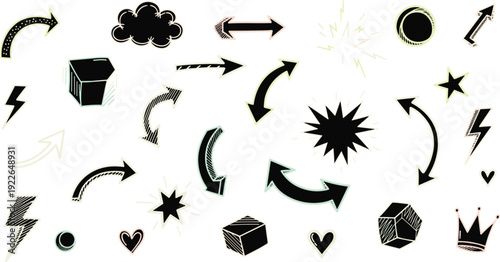 Hand drawn doodle elements isolated on white background arrows, lightning, cloud, star, heart, circle, crown, cube sketchy vector illustration