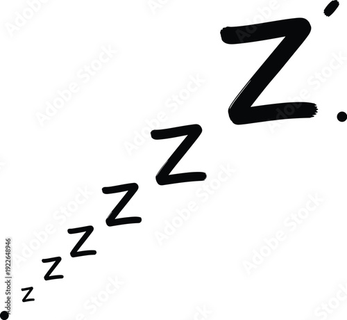 Black and white illustration of a series of z letters of varying sizes, symbolizing sleep or drowsiness isolated on white background