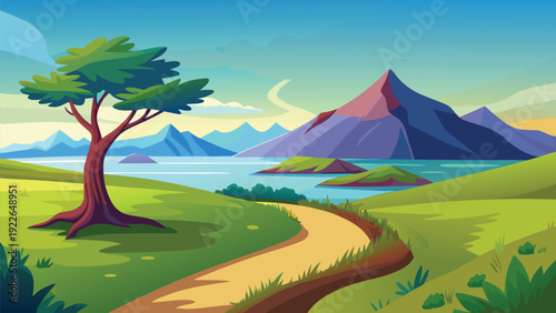 Scenic winding path leading to a mountain range and tranquil lake with a lone tree