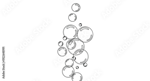 Bubbles of various sizes float upwards, isolated on white background, creating a sense of lightness and movement, perfect for adding a touch of whimsy to designs