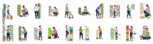 Women engaging in vertical gardening, illustrating home urban farming, plant care, and sustainable living practices with modern hydroponic systems.