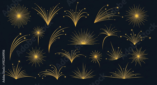 Collection of golden fireworks or sparkler rays and lines. Vector decorative elements.