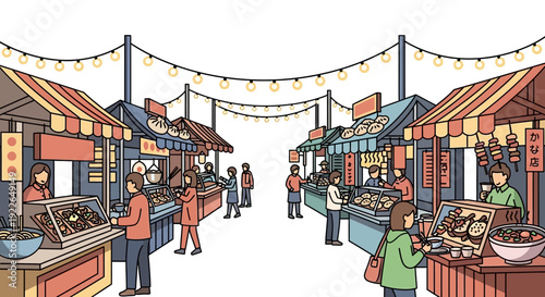 Bustling Outdoor Night Market with Food Stalls and People Illustration