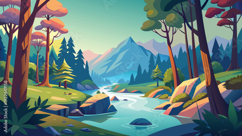 Serene forest landscape with crystal clear stream and misty mountains