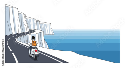 Man Riding Scooter on Coastal Cliff Road with Blue Ocean View and Scenic Landscape Illustration