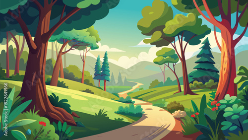 Mystical forest path leading to an ancient stone archway under a vibrant canopy