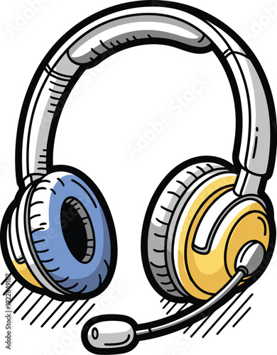 Illustration of a headset isolated on white background the headset is yellow and blue, and it has a microphone it is a simple, cartoonish drawing