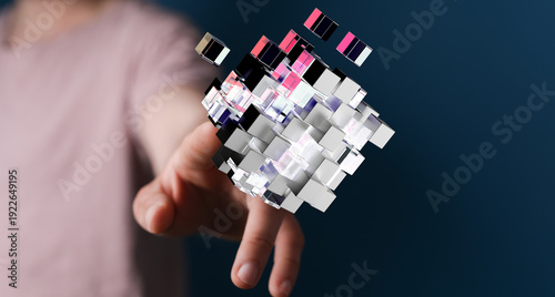 Abstract composition of a hand reaching out to a 3D digital cube, symbolizing technology, connection, and data visualiz