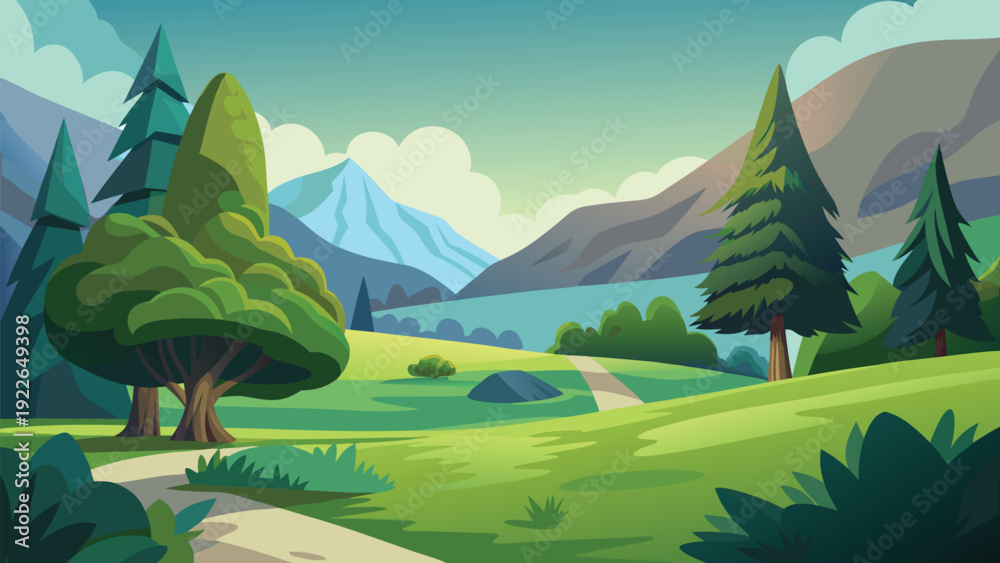 Obraz premium A serene fantasy landscape with a lone traveler exploring a vibrant meadow.