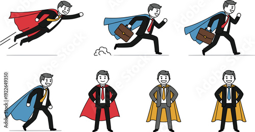 Set of businessman in superhero cape isolated on white background cartoon vector illustration of business leader, success, motivation, power, and leadership
