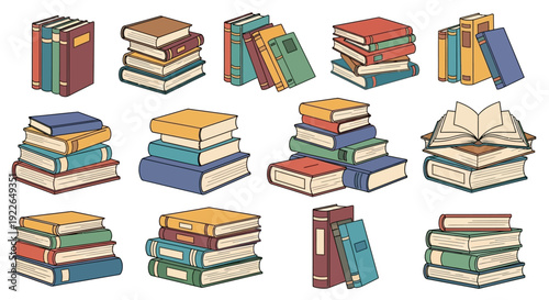 A collection of various stacks of colorful books, some open, some closed, arranged in different piles, on a white background.