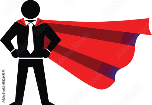 A confident stick figure businessman stands tall, donning a vibrant red cape, symbolizing power and leadership isolated on white background ready to conquer challenges