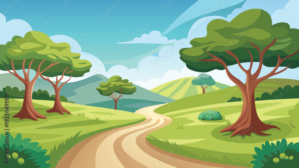 Obraz premium Scenic countryside path winding through a lush green meadow with tall trees