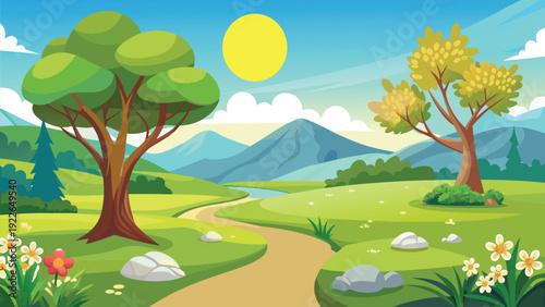 A serene landscape featuring trees, a path, and a bright sunny sky with gentle hills in the background.