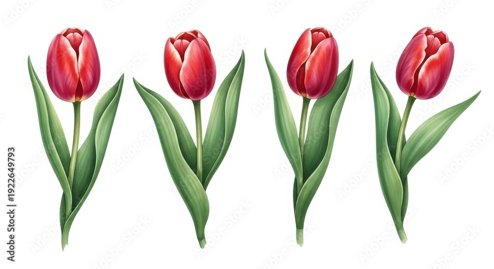 Obraz premium Beautiful red tulip flowers with green leaves isolated on white background