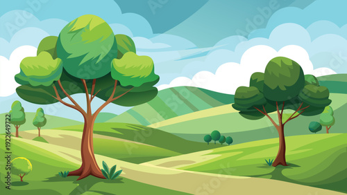 Serene countryside landscape with winding path and lush greenery under a clear sky