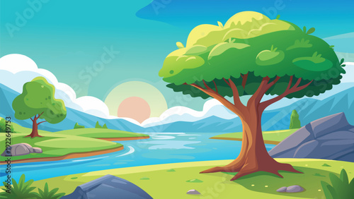 A serene landscape featuring a large tree beside a calm river in a vibrant meadow
