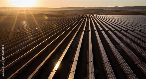 Solar panels at sunset with warm golden light illuminating the renewable energy field and clean energy production with an environmental focus