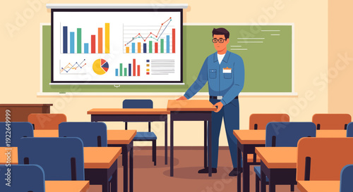 Teacher presenting data analysis in a classroom setting.
