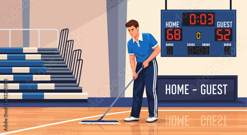 Young man diligently mops the basketball court floor.