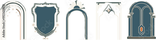 Collection of five different arch and door frame designs, each with unique architectural styles and details, isolated on white background