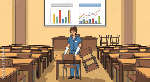 Dedicated cleaner meticulously tidies a classroom ensuring a pristine learning environment.
