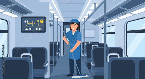 Female cleaner diligently mops floor with a mop.