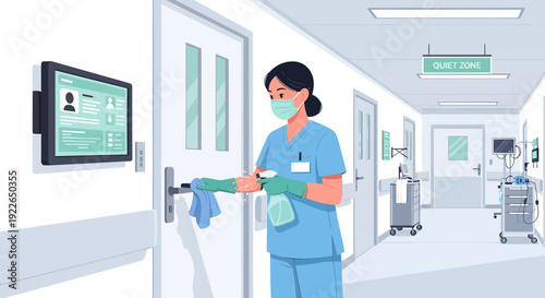 Female healthcare worker disinfecting hospital door handle.