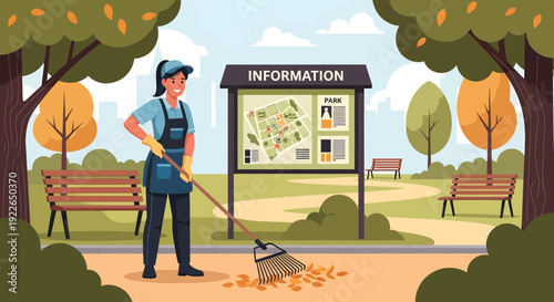 Female park worker raking autumn leaves in a public park.